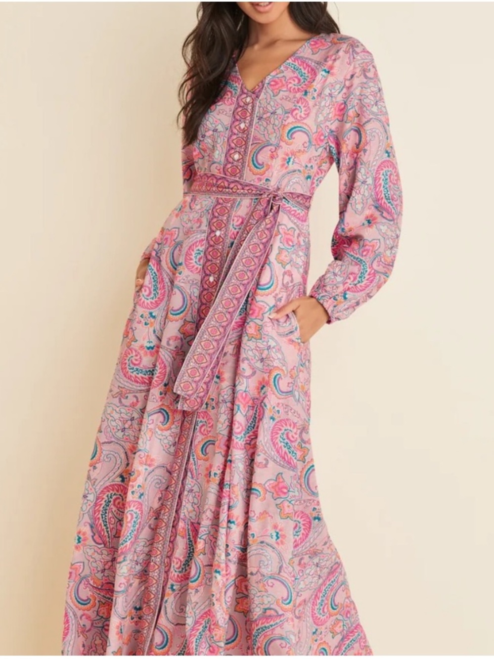 Venus Pink Paisley Boho Linen Long Sleeve Belted Maxi Dress Size 12